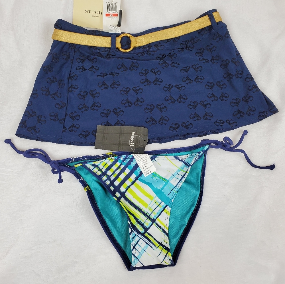 St. John swim skirt and Hurley bikini bottoms